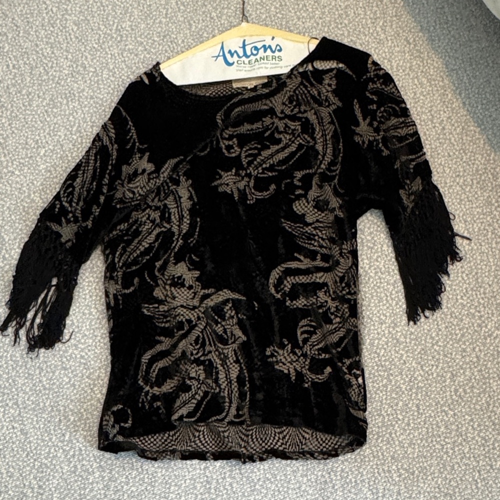 Vintage burnout velvet black tunic top with fringe tassels!